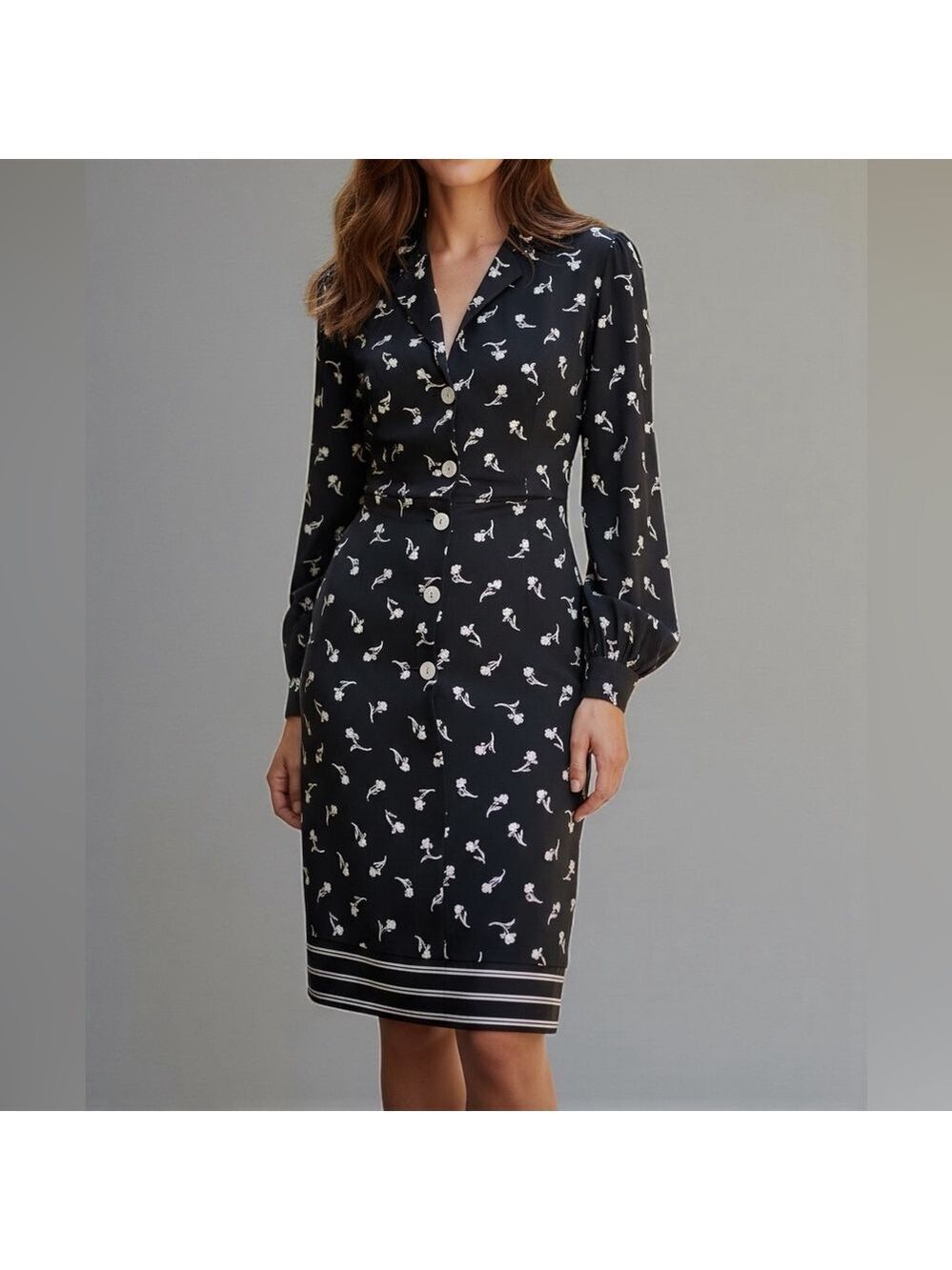 Vtg 70-80s Stanley Platos Dress Silk Secretary ShirtDress Navy Balloon Sleeve XS